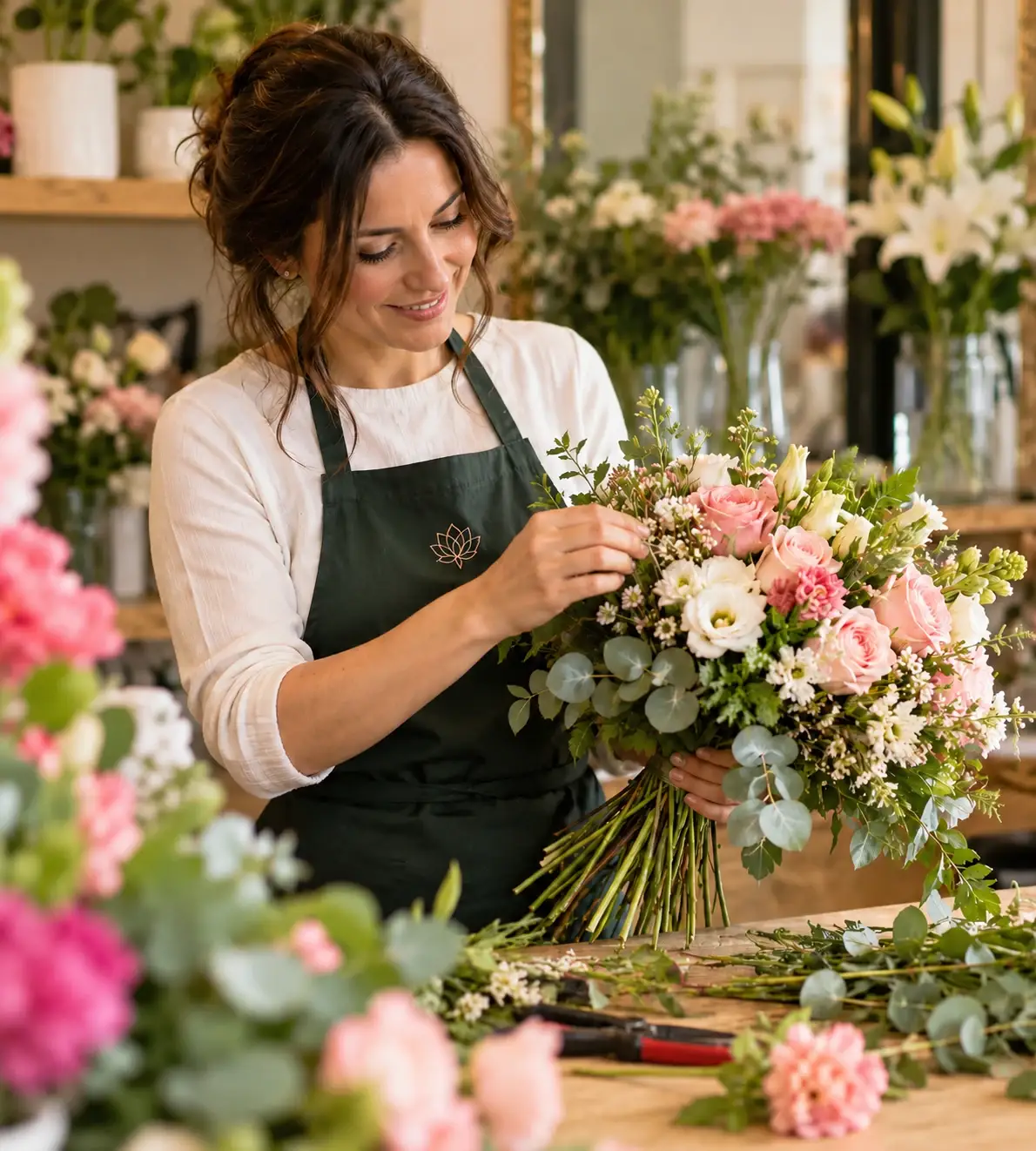 Florista a criar um bouquet romântico